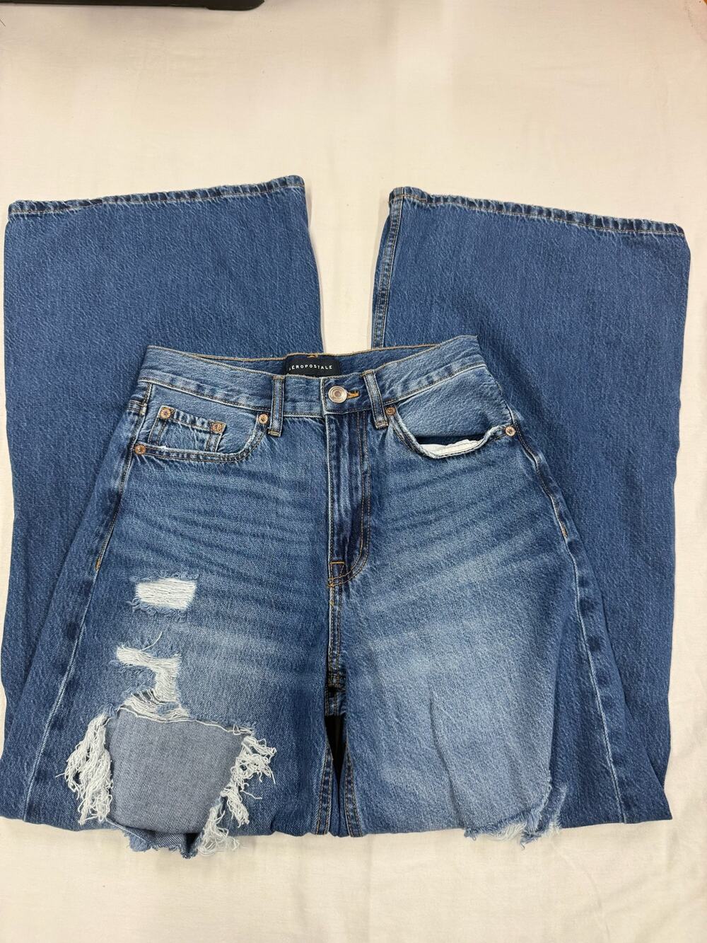 Aeropostale Women’s High Rise Super Wide Leg Distressed Jeans Blue
